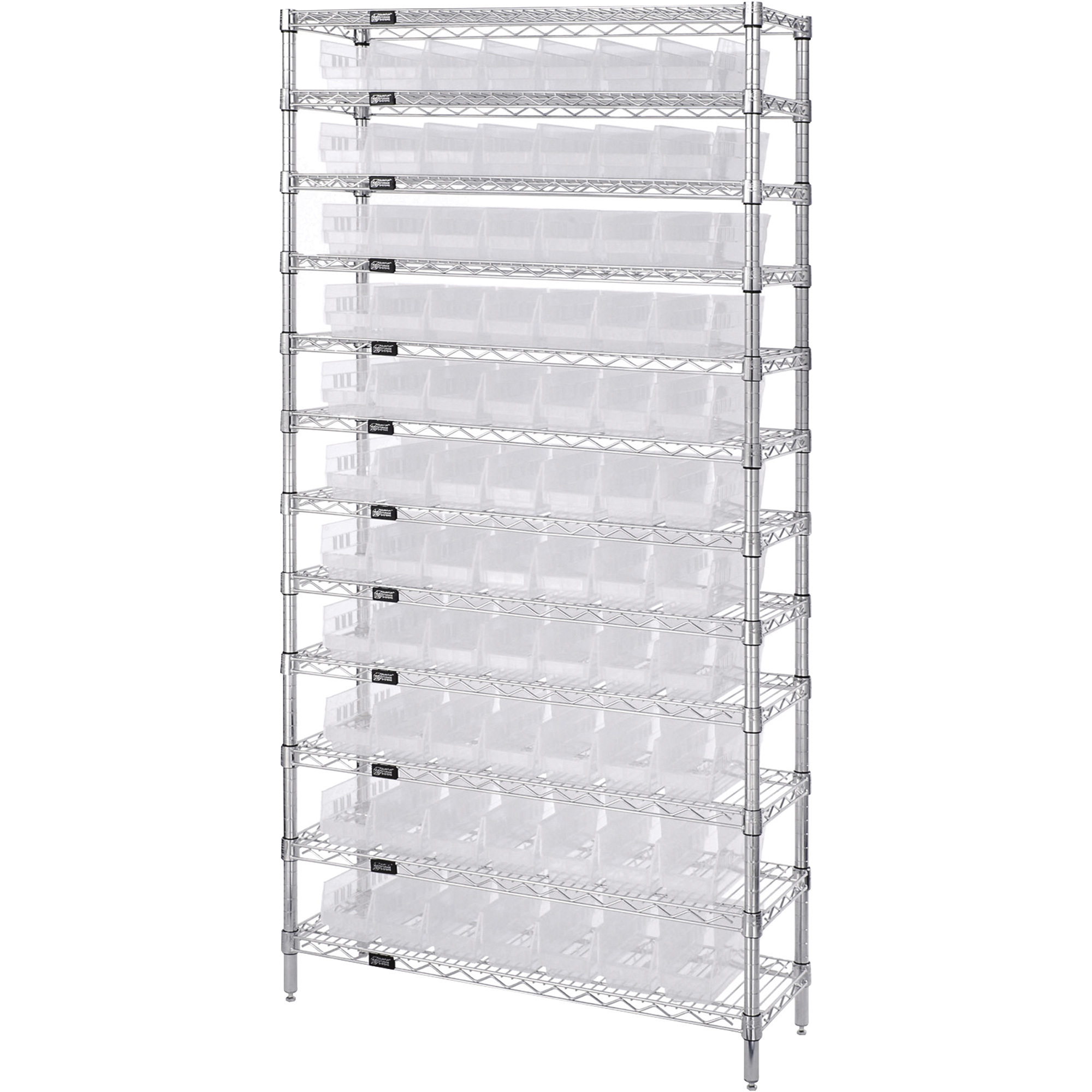 Quantum Storage Complete Single Side Wire Shelving Unit with 77 Bins, 36in.W x 18in.D x 74in.H, Clear, Model# WR12-103CL